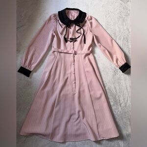 Secret Honey Frill Collar White Pinstripe Black & Light Pink Dress with Belt